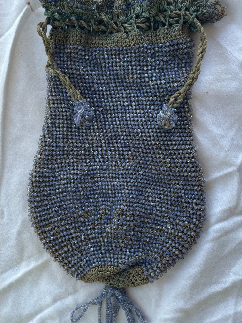 Antique Early 1900s Hand Beaded Crochet Reticule Purse Silk Lined